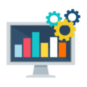 A computer monitor displaying a bar graph with gears, representing data analysis and technology.